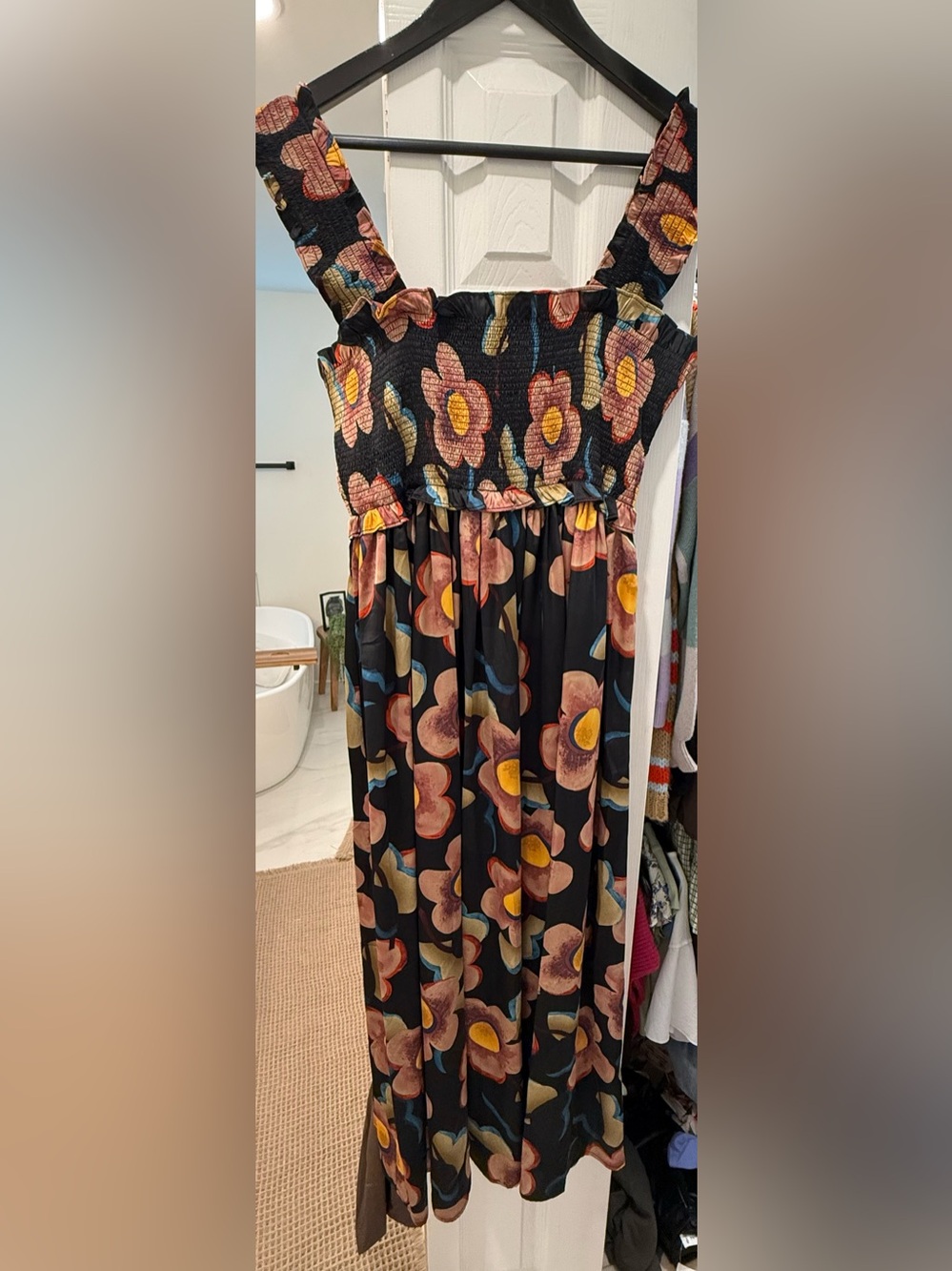 vestique Black Floral Smocked Maxi Dress with Mustard Accents